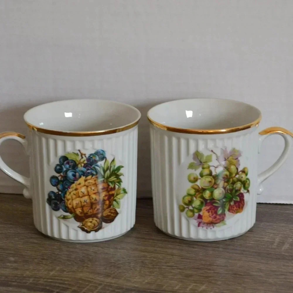 Vtg Porcelain Czech Fruit Design Mugs